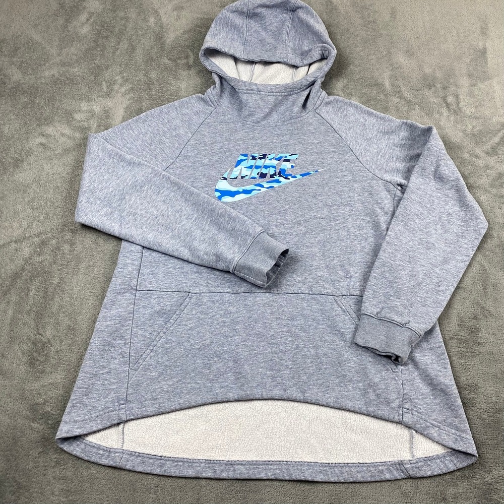Nike Hoodie Girls XL Gray Blue Camo Logo Fleece High Low Hem Pullover - READ!